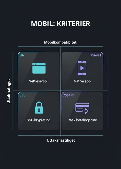 Mobiltelefon som viser et casino-grensesnitt med raske uttak og BankID-logo